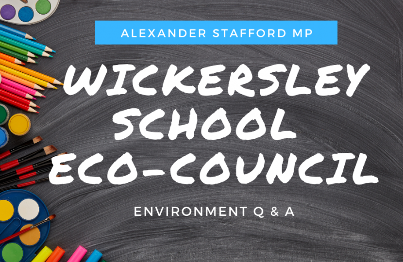 Graphic displaying details of Alexander Stafford MP eco council Q&A