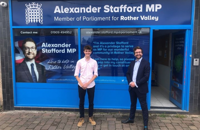Alexander and Josh stand in front of Alexander's office in Dinnington